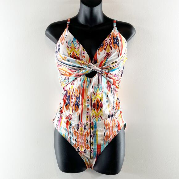 LA Blanca Twist Keyhole One Piece Printed Swimsuit White Medium - Picture 3 of 7